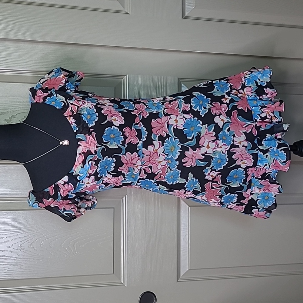 ZARA Floral chiffon scoop ruffle neck lined dress size extra small